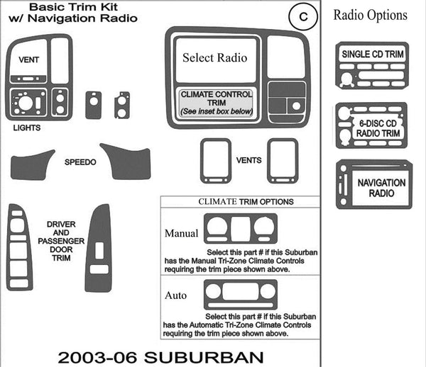 2003-2006 Chevrolet Suburban XL Real Brushed Aluminum Dash Trim Kit