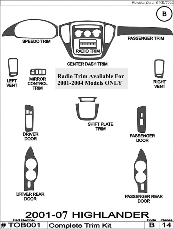 2001-2004 Toyota Highlander Wood Grain Dash Trim Kit