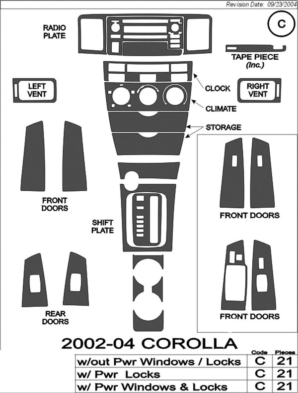 2002-2004 Toyota Corolla Real Brushed Aluminum Dash Trim Kit
