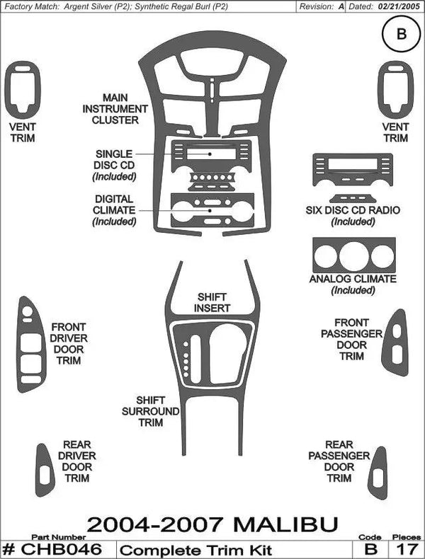 2004-2007 Chevrolet Malibu Real Brushed Aluminum Dash Trim Kit