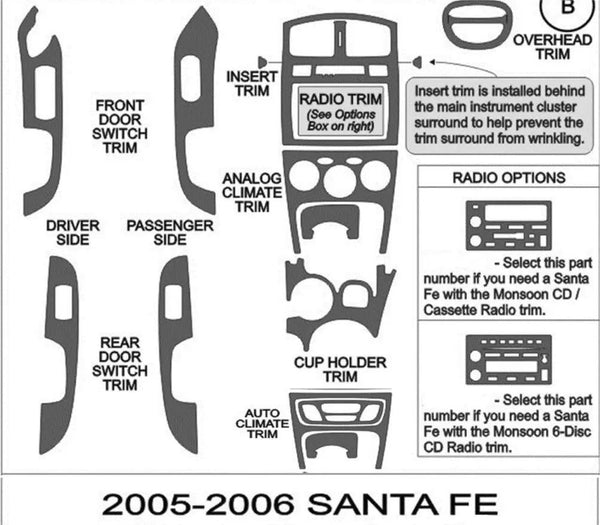 2005-2006 Hyundai Santa Fe Real Brushed Aluminum Dash Trim Kit
