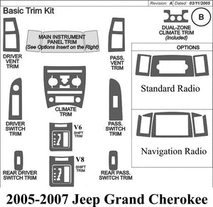 2005-2007 Jeep Grand Cherokee Real Brushed Aluminum Dash Trim Kit