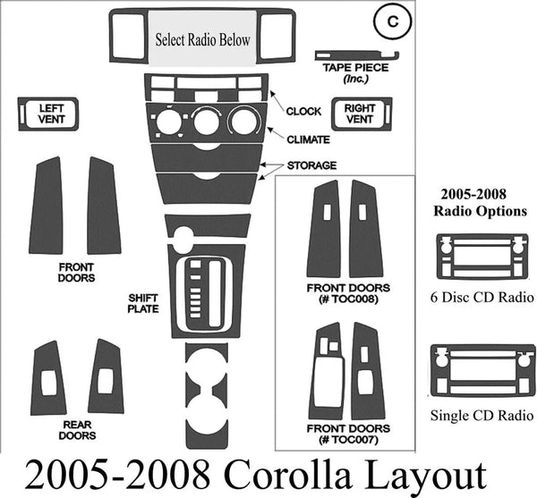 2005-2008 Toyota Corolla Real Brushed Aluminum Dash Trim Kit